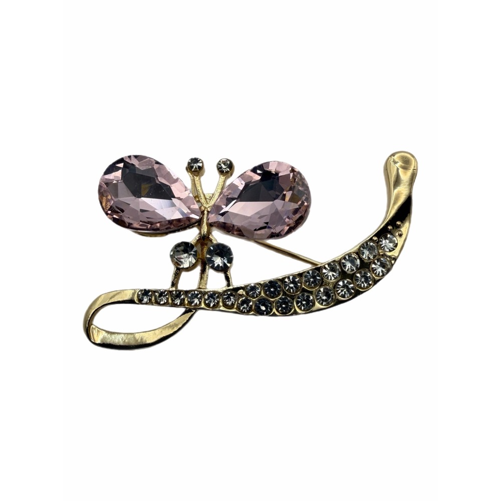 Gold Tone Pink Crystal Butterfly Brooch Rhinestone Insect Pin